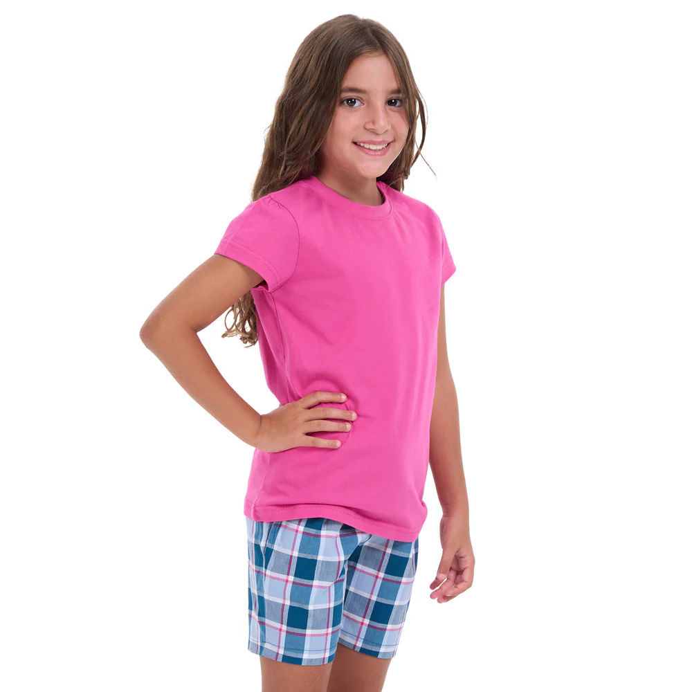 Girls summer pajama set Fuchsia t-shirt + Light blue x Petroleum Checkered shorts - Image 3