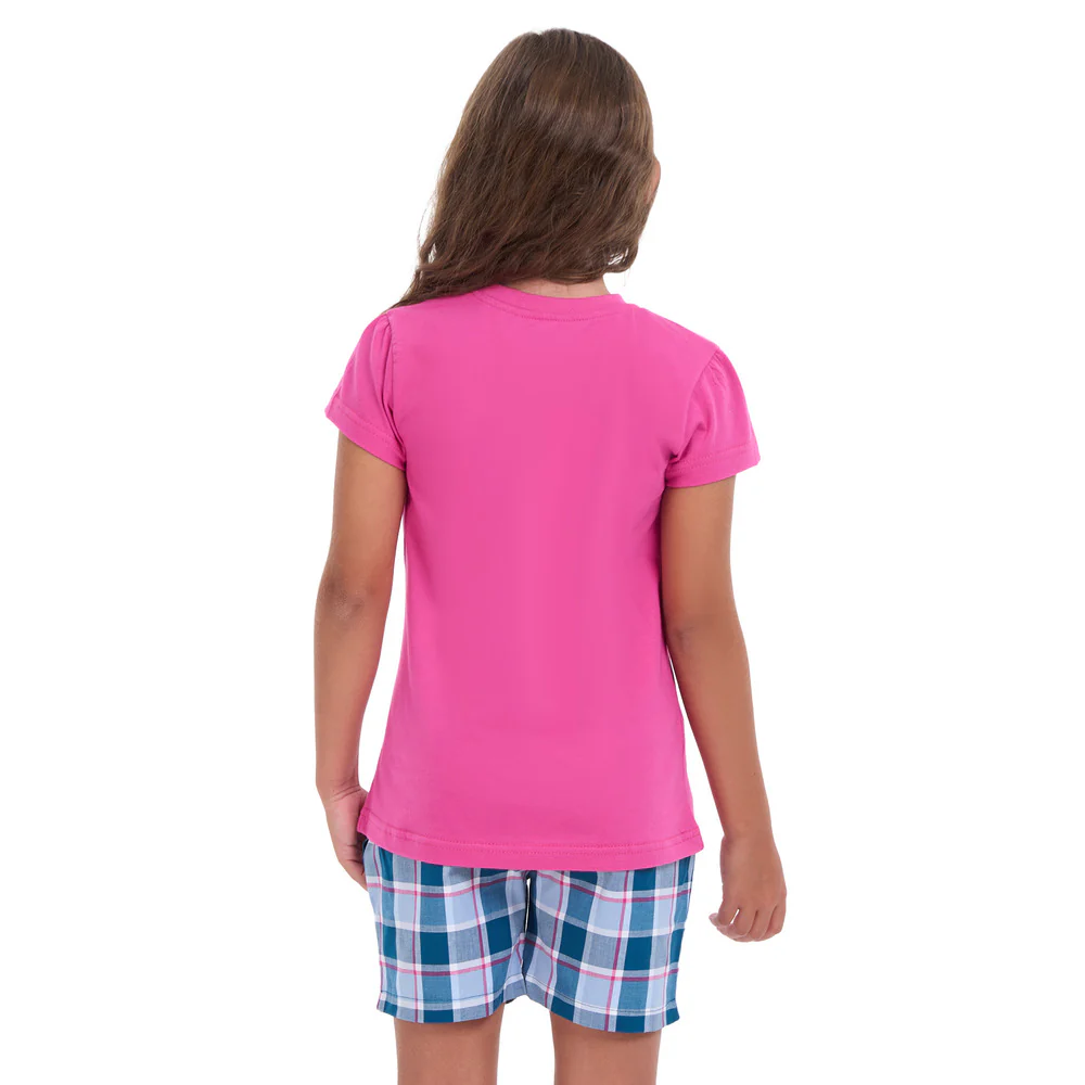 Girls summer pajama set Fuchsia t-shirt + Light blue x Petroleum Checkered shorts - Image 4