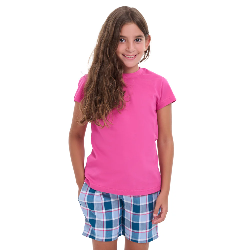 Girls summer pajama set Fuchsia t-shirt + Light blue x Petroleum Checkered shorts - Image 5