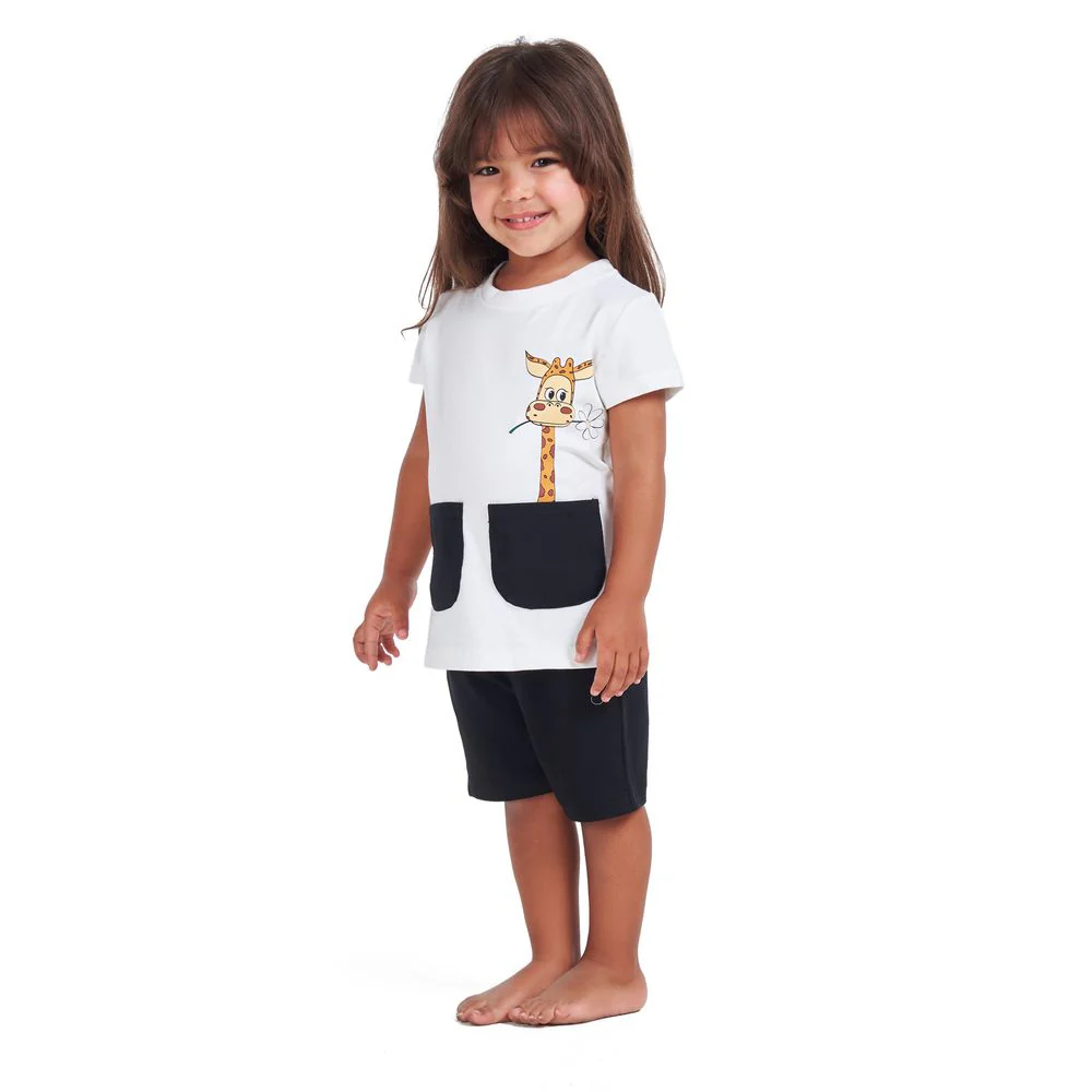Girls summer pajama set Giraffe t-shirt + Black shorts - Image 4