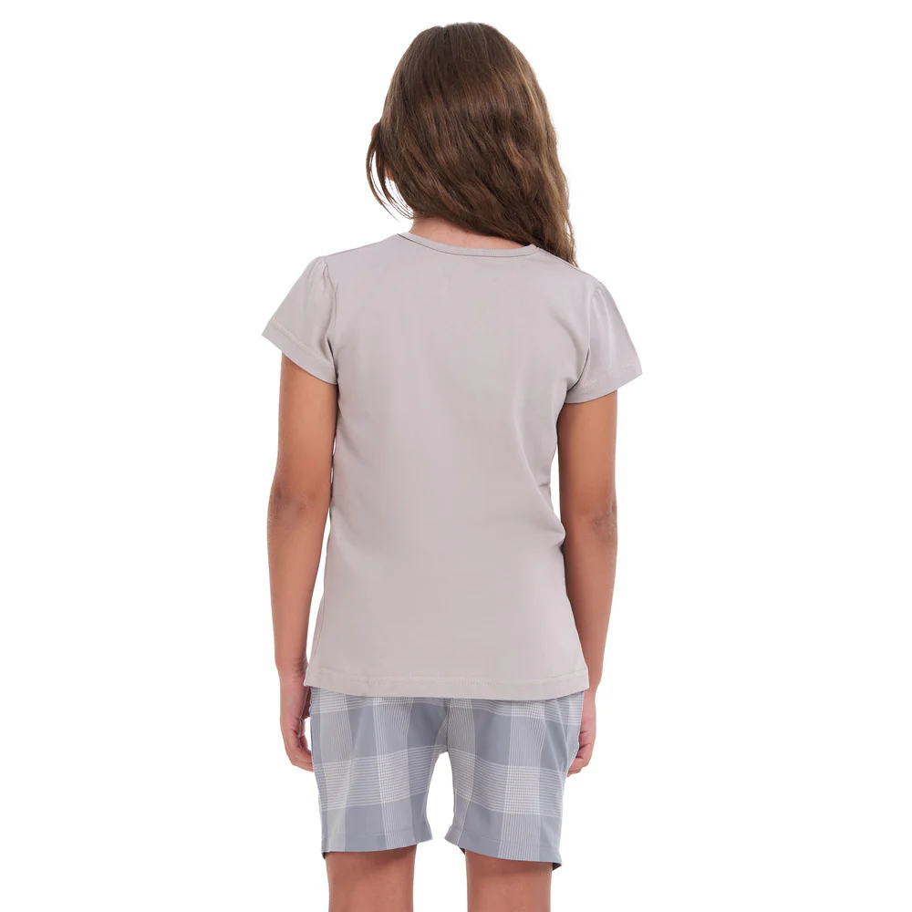Girls summer pajama set Grey t-shirt + Grey Checkered shorts - Image 3