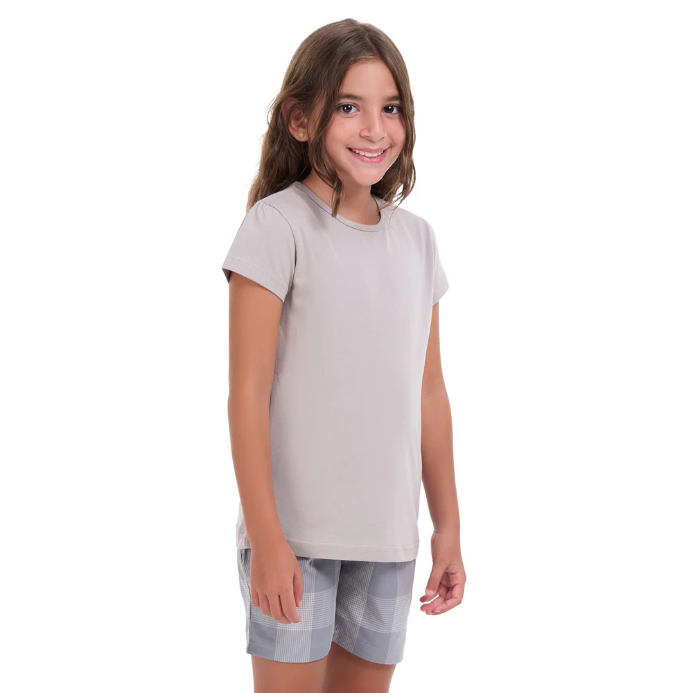 Girls summer pajama set Grey t-shirt + Grey Checkered shorts - Image 4