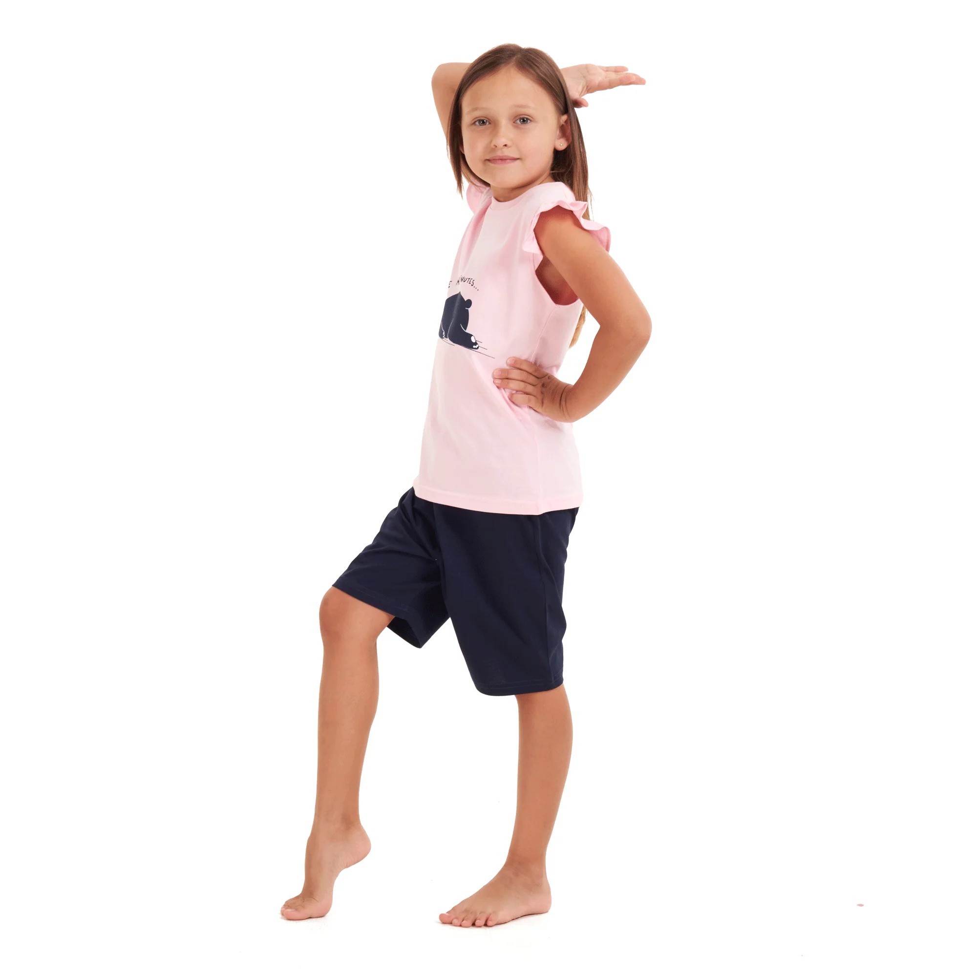 Girls summer pajama set Lazy bear t-shirt + Dark blue shorts - Image 2