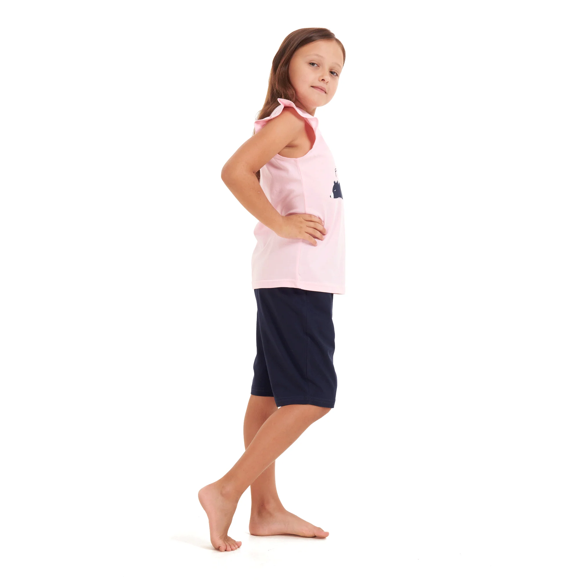 Girls summer pajama set Lazy bear t-shirt + Dark blue shorts - Image 3