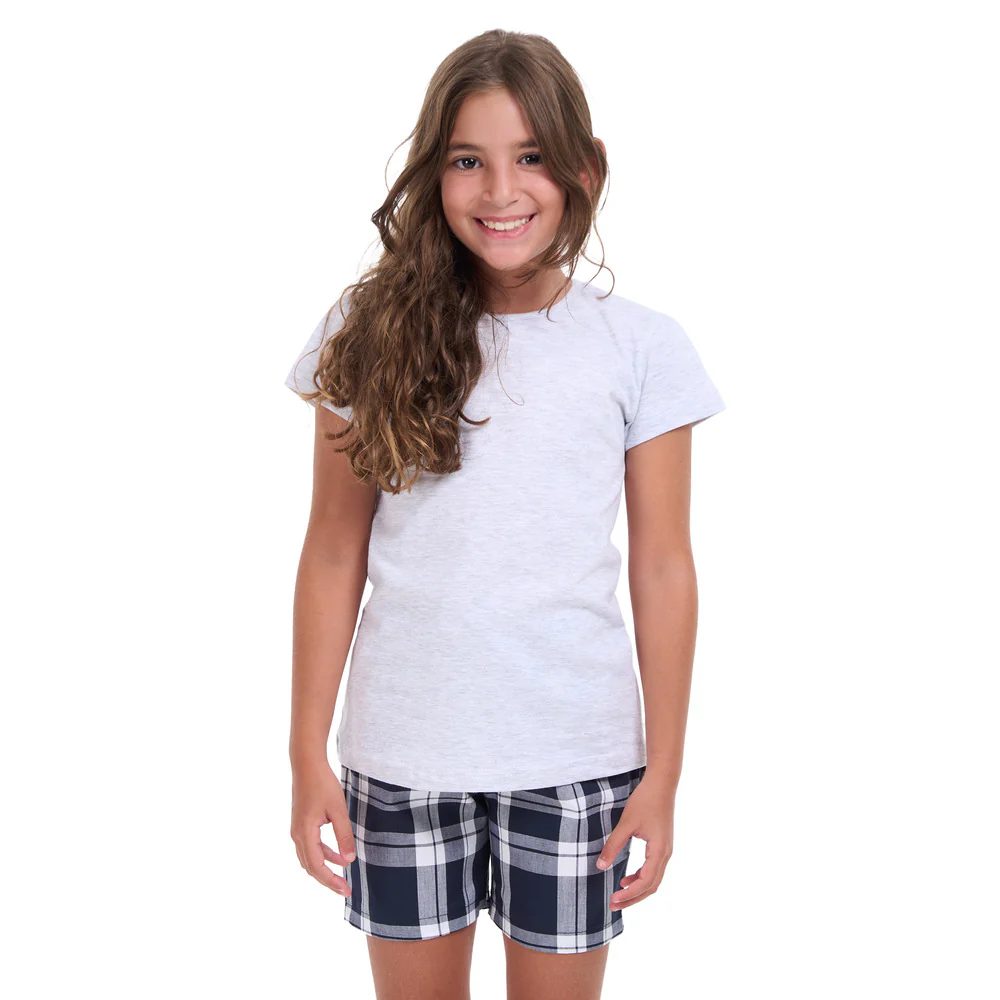 Girls summer pajama set light grey t-shirt + Black x White Checkered shorts - Image 2