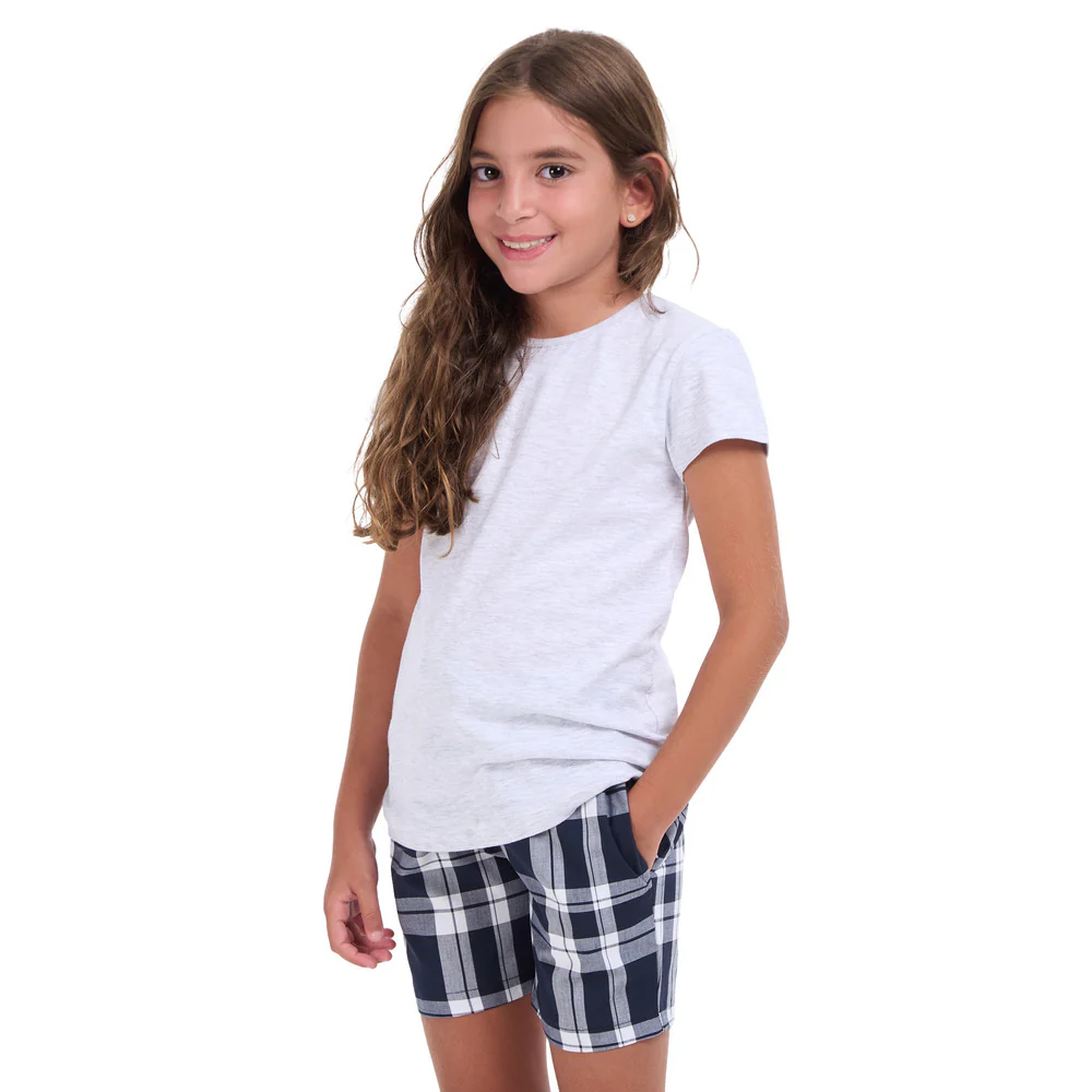 Girls summer pajama set light grey t-shirt + Black x White Checkered shorts - Image 3