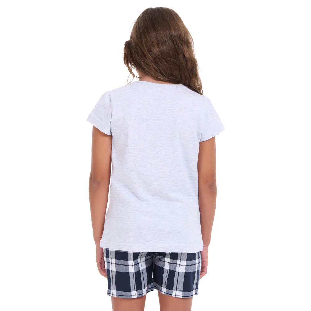Girls summer pajama set light grey t-shirt + Black x White Checkered shorts - Image 4