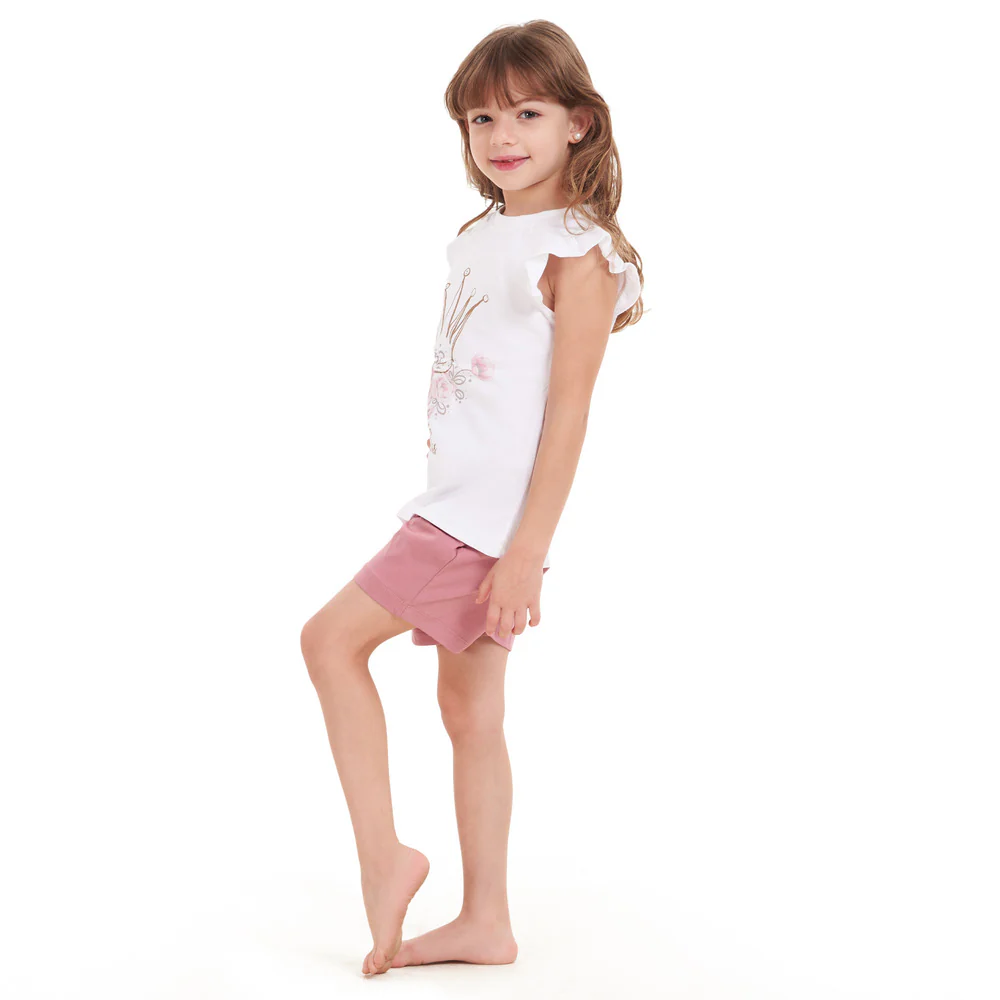Girls summer pajama set Princess Crown t-shirt + Pink shorts - Image 2