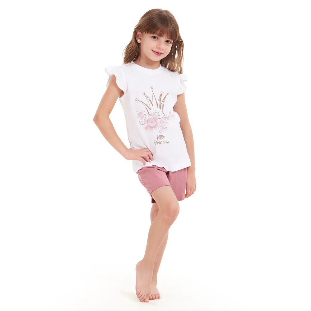 Girls summer pajama set Princess Crown t-shirt + Pink shorts - Image 4