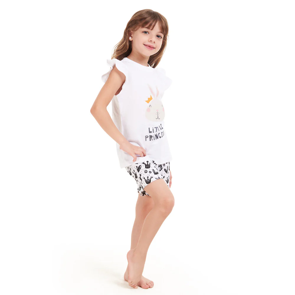 Girls summer pajama set Rabbit t-shirt + off-white shorts - Image 4