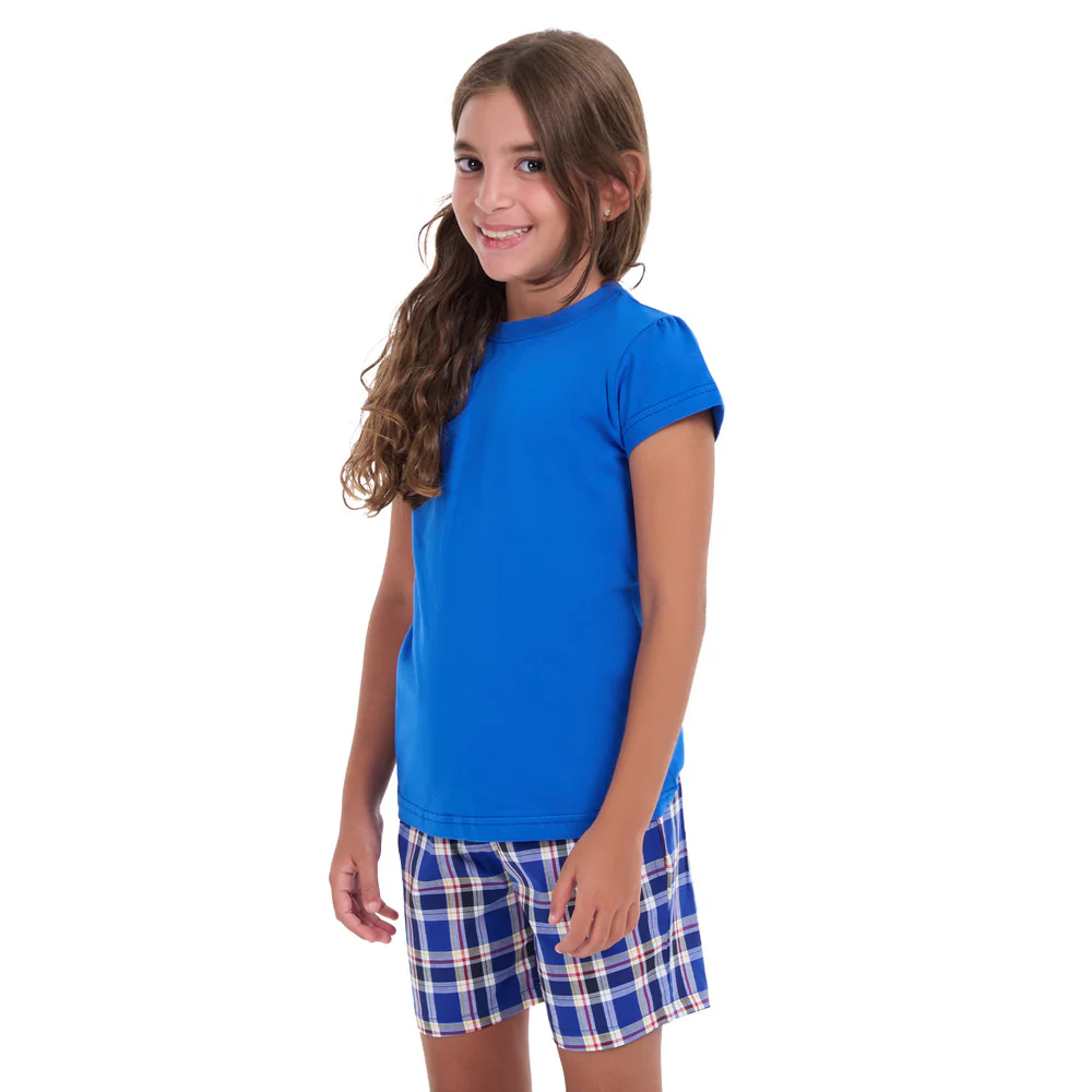 Girls summer pajama set Royal blue t-shirt + Royal blue x Red Checkered shorts - Image 2