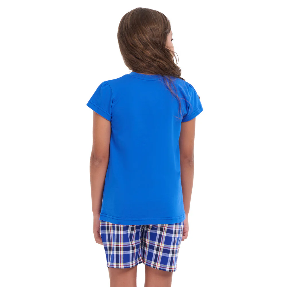 Girls summer pajama set Royal blue t-shirt + Royal blue x Red Checkered shorts - Image 4