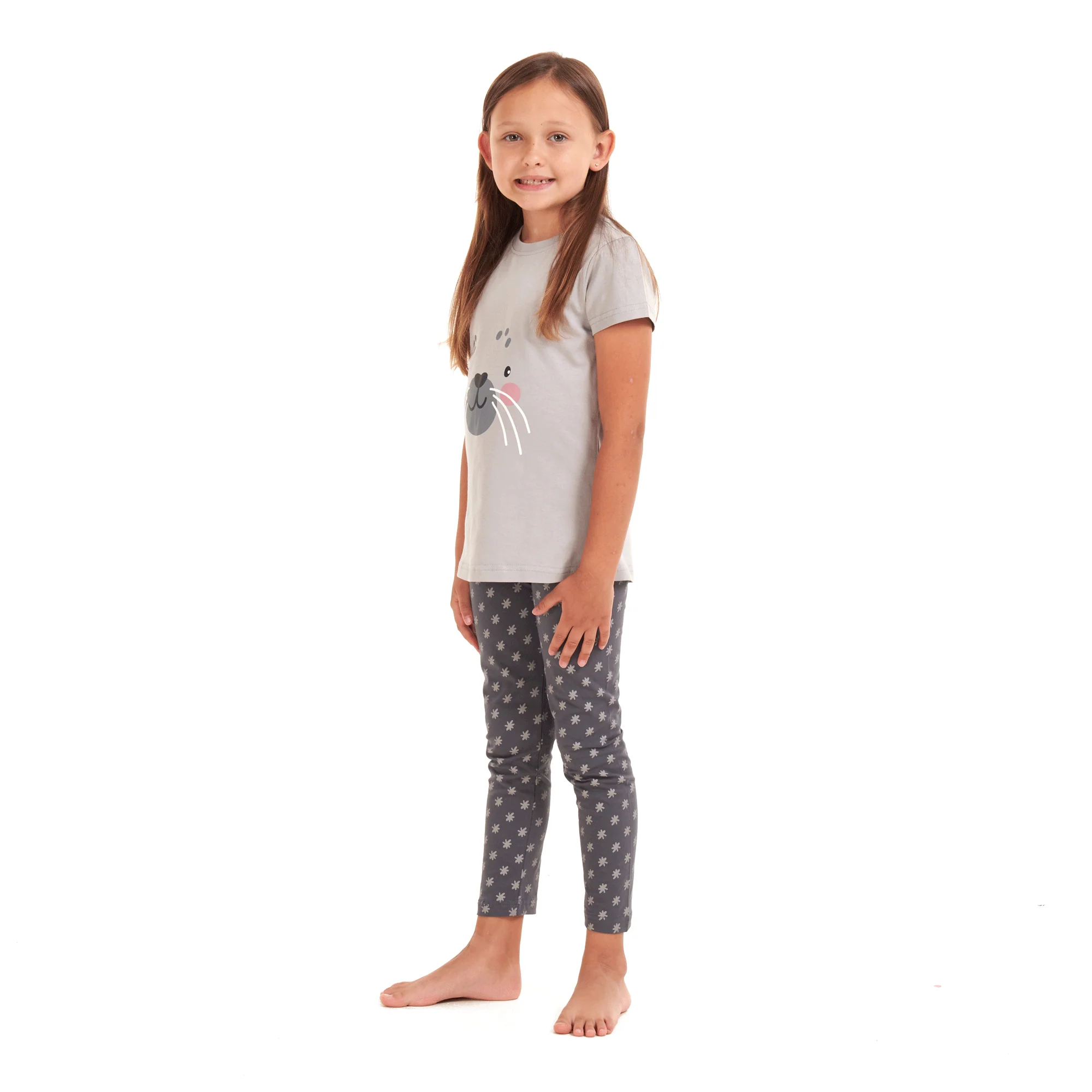 Girls summer pajama set Seal t-shirt + Dark grey leggings - Image 2