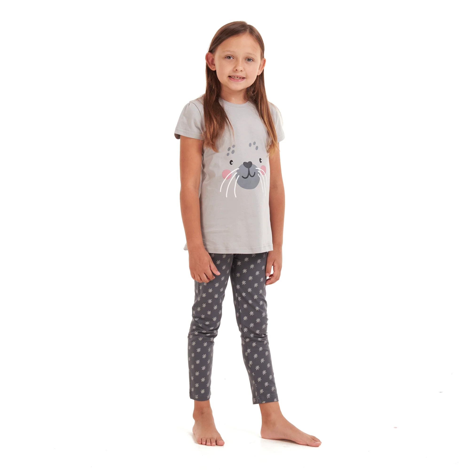 Girls summer pajama set Seal t-shirt + Dark grey leggings - Image 4