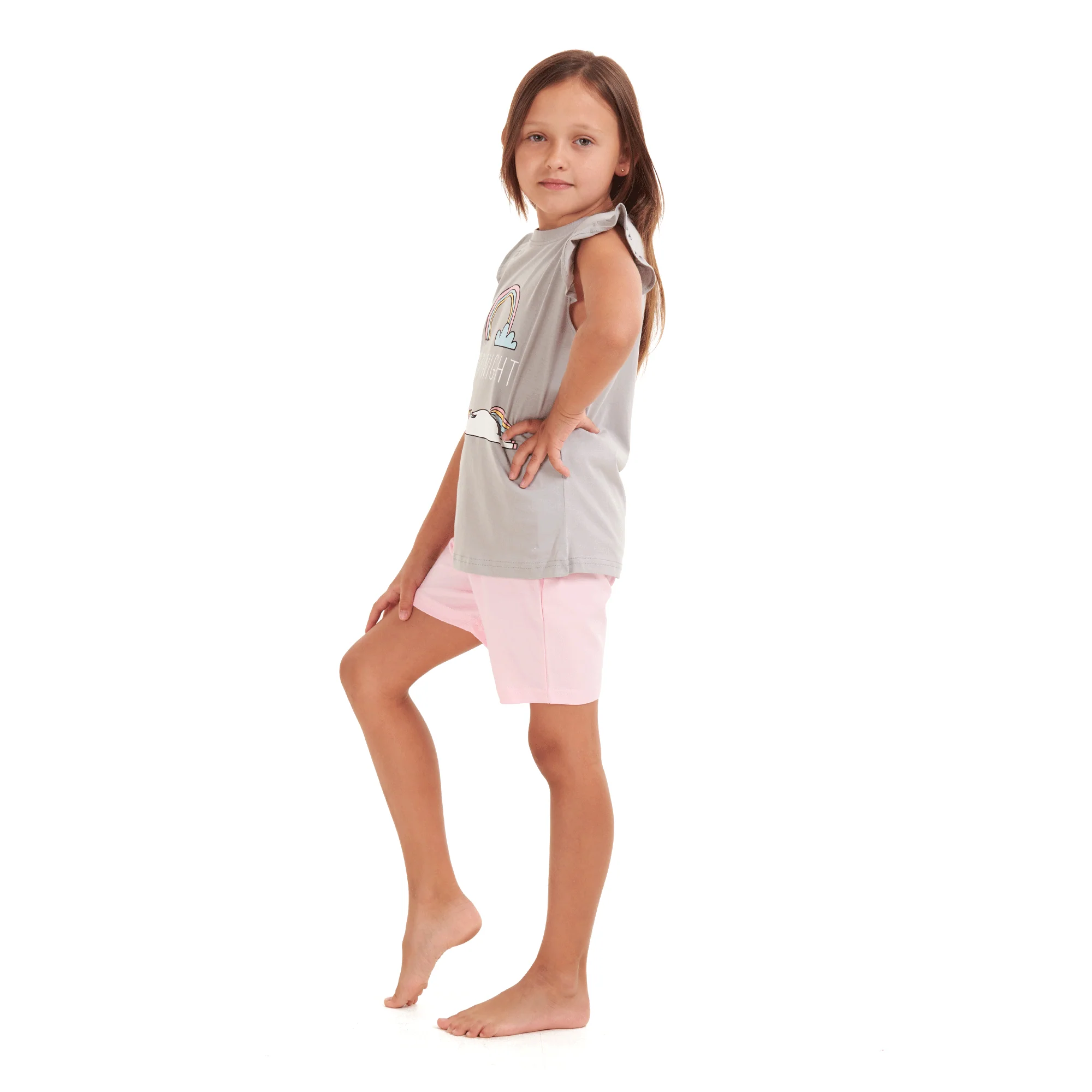 Girls summer pajama set Unicorn t-shirt + Pink shorts - Image 2