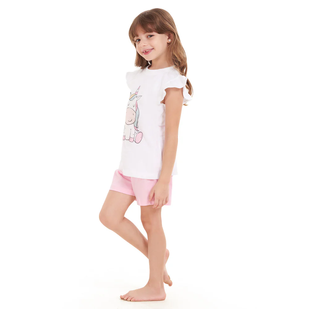 Girls summer pajama set Unicorn t-shirt + Pink shorts - Image 2