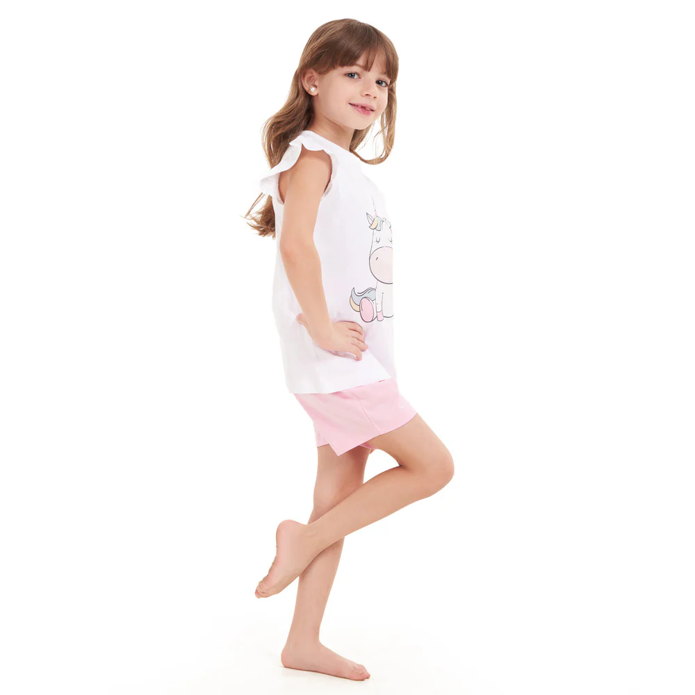 Girls summer pajama set Unicorn t-shirt + Pink shorts - Image 3