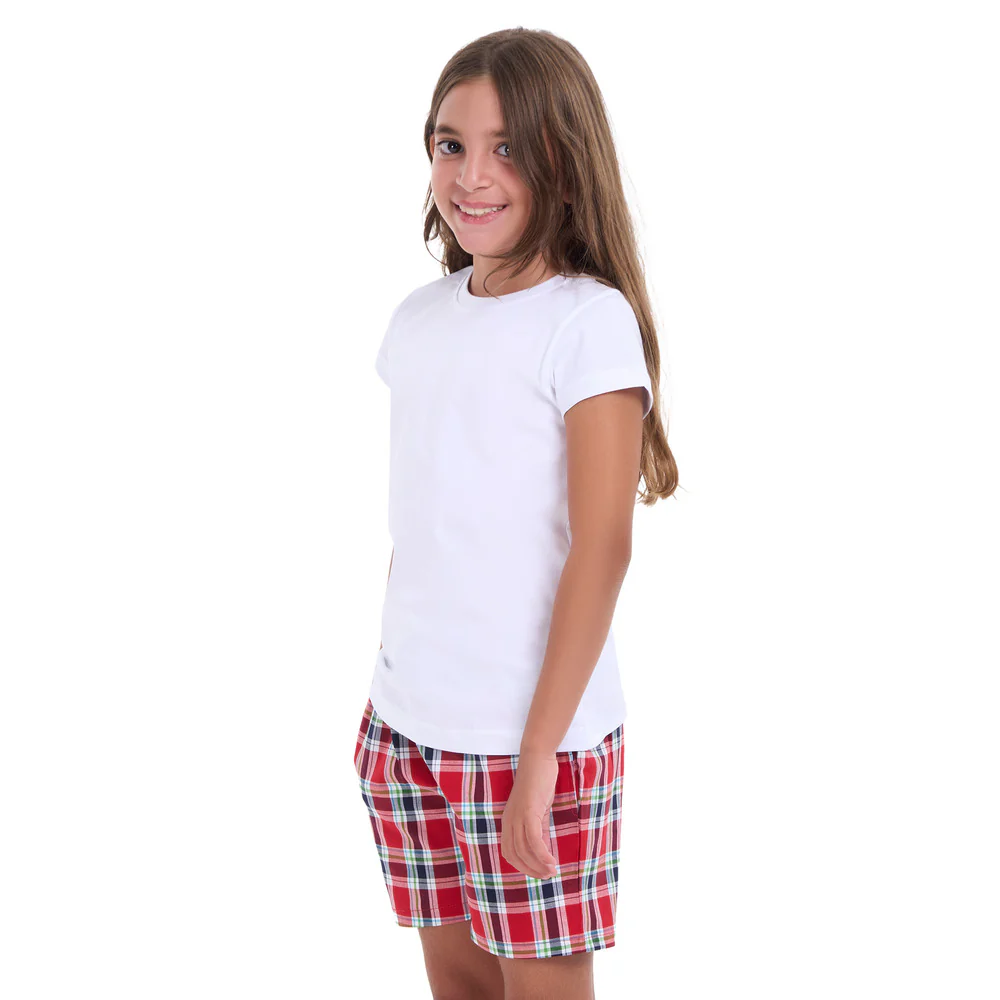 Girls summer pajama set White t-shirt + Red x Dark blue checkered shorts - Image 2