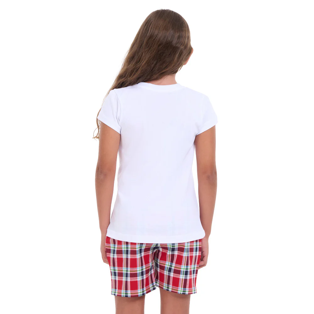 Girls summer pajama set White t-shirt + Red x Dark blue checkered shorts - Image 4