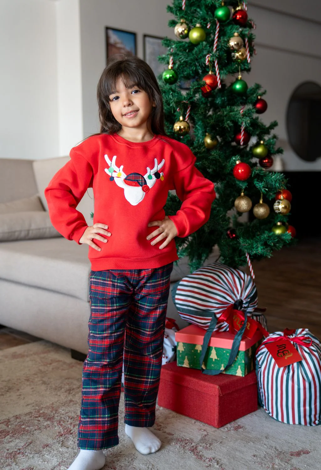 Girls kids Winter pajama set Red deer Top + Dark Blue x Red Checkered Pants - Image 3