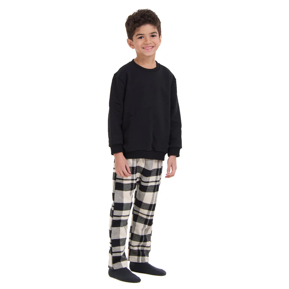 Kids Unisex Winter pajama set Black Hoodie + Black x White Checkered Pants - Image 3