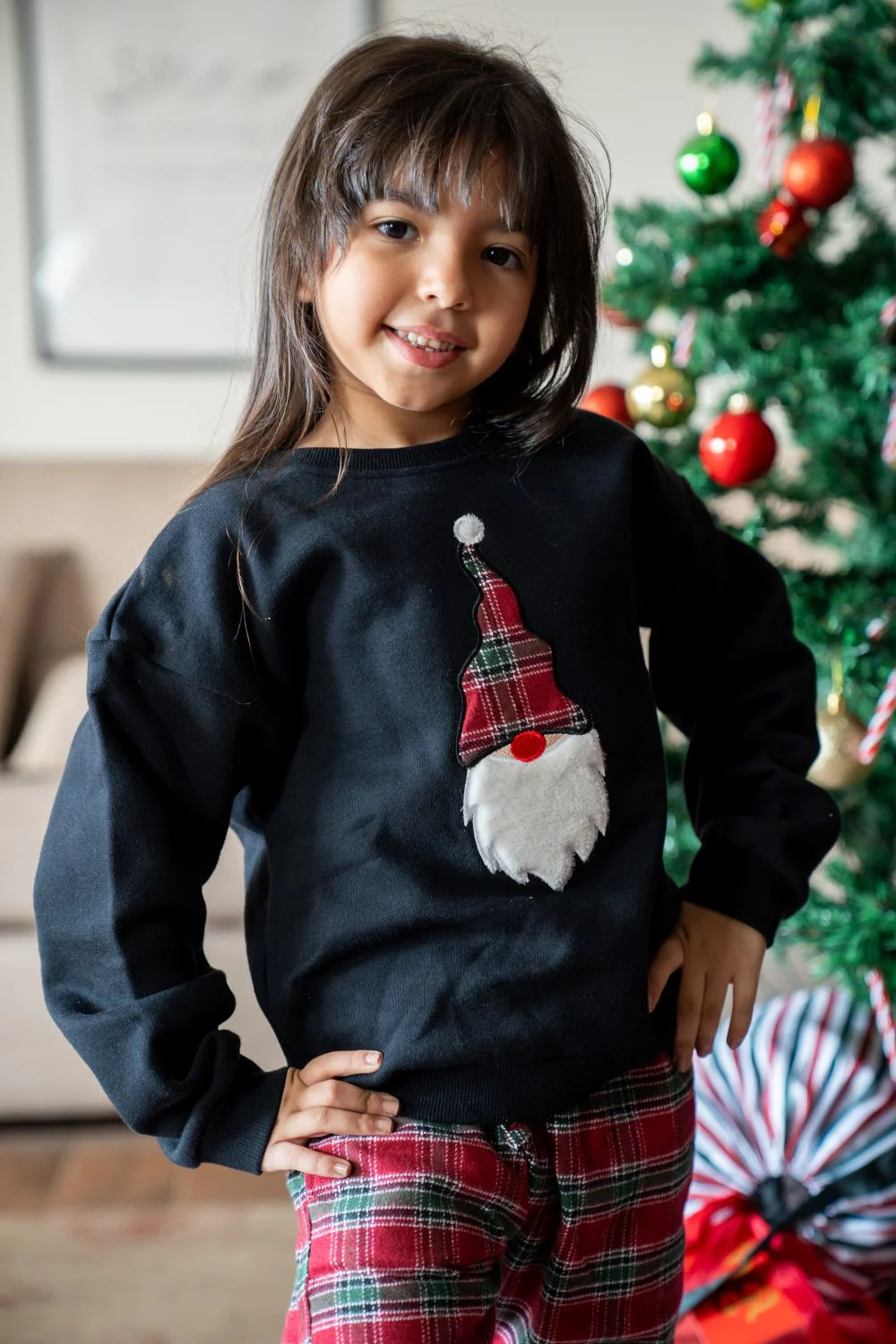 Unisex Kids Winter pajama set Black Top + Red X Green X Black Checkered Pants - Image 3