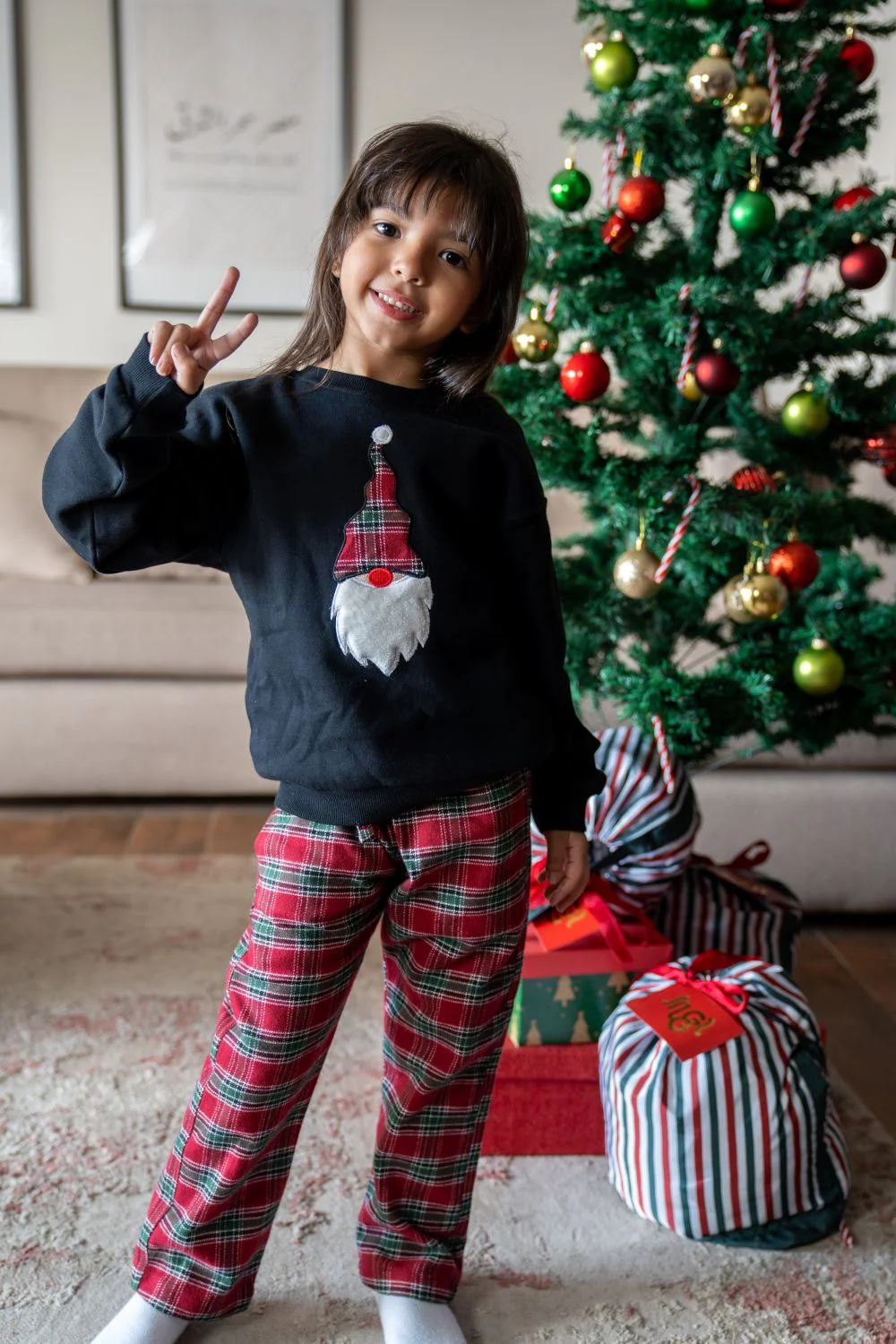 Unisex Kids Winter pajama set Black Top + Red X Green X Black Checkered Pants - Image 4