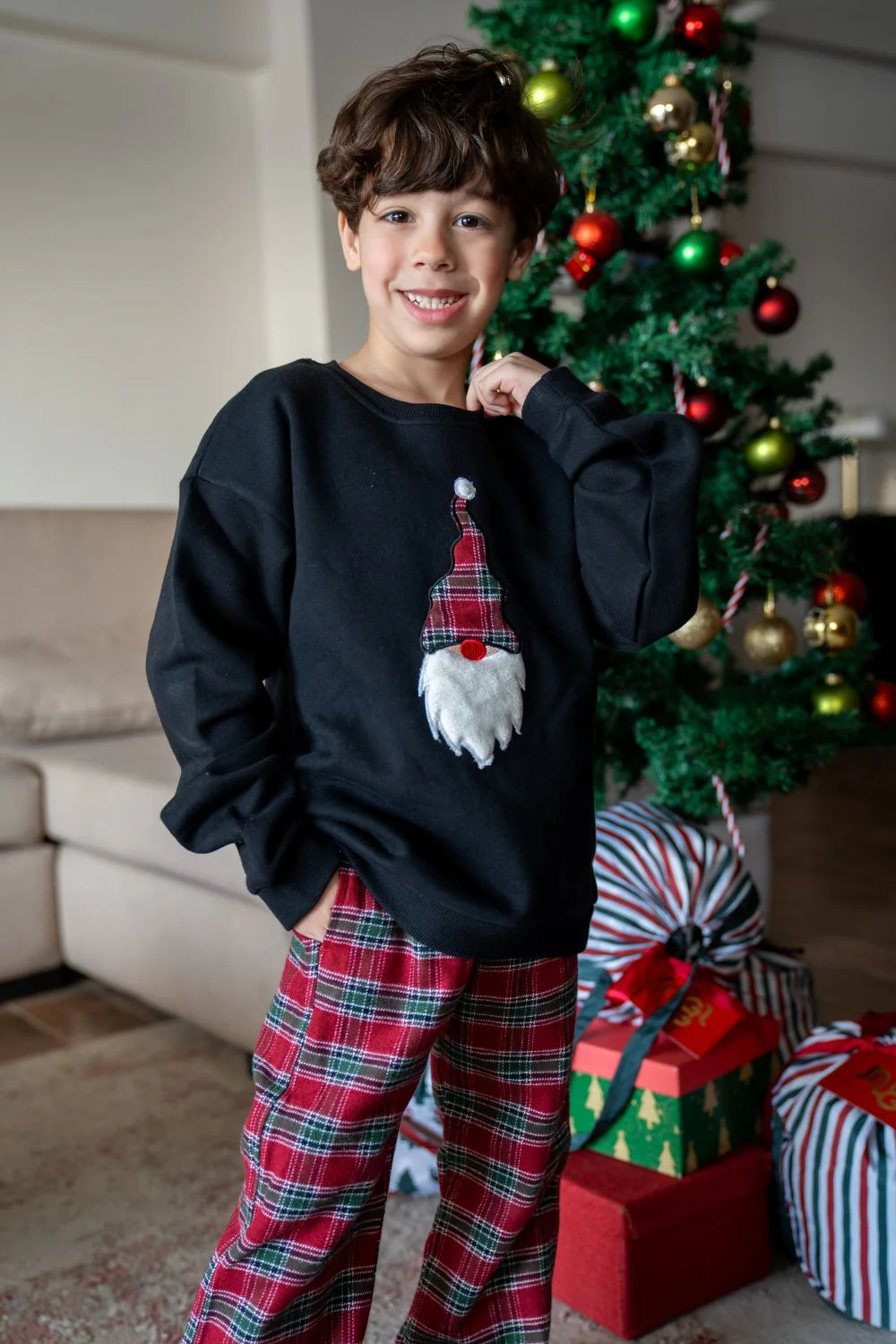Unisex Kids Winter pajama set Black Top + Red X Green X Black Checkered Pants - Image 5