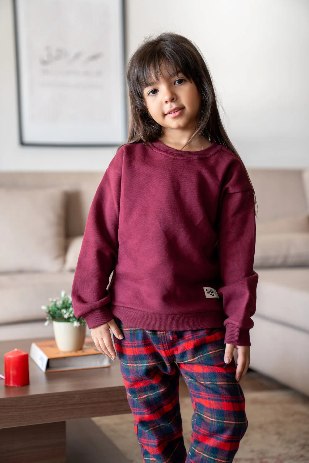 Unisex Kids Winter pajama set Dark Red Top + Red X Green Checkered Pants - Image 3