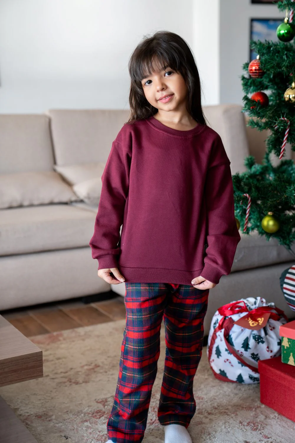 Unisex Kids Winter pajama set Dark Red Top + Red X Green Checkered Pants - Image 4
