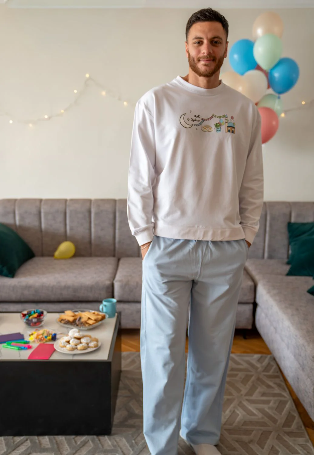 Men Eid Pajama Set Off White T-shirt + Light Blue pants - Image 2