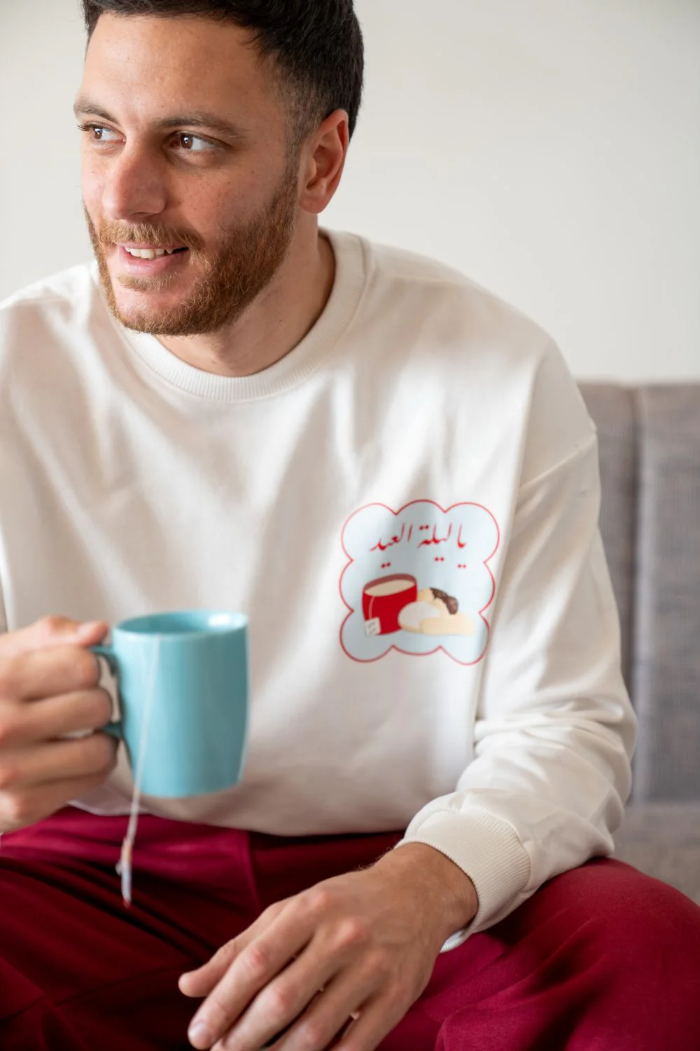 Men Eid Pajama Set Off White T-shirt + Dark Red pants - Image 3