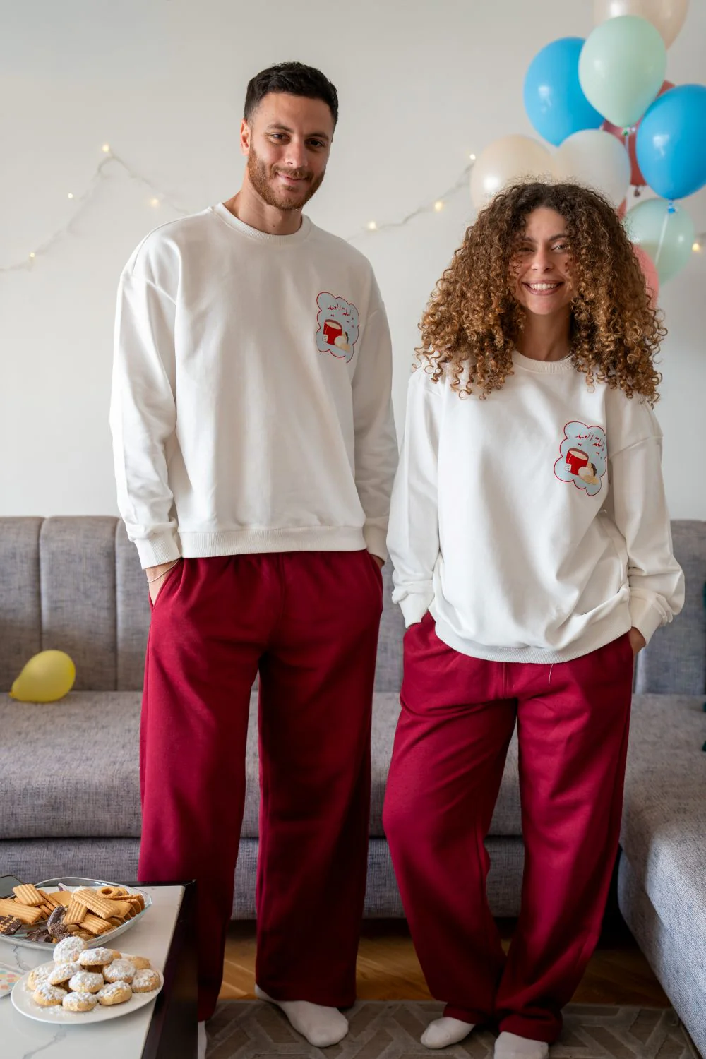 Men Eid Pajama Set Off White T-shirt + Dark Red pants - Image 4
