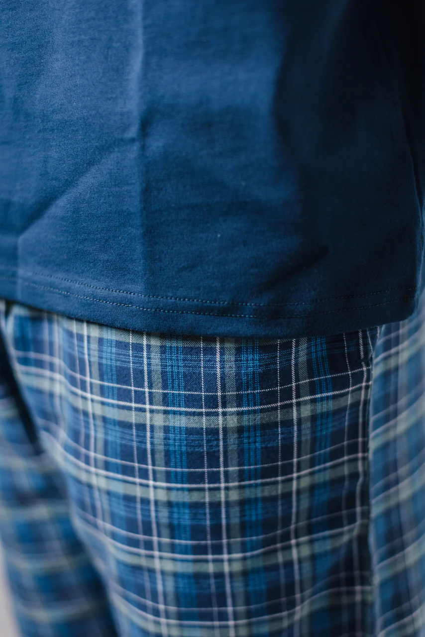 Men Fall Pajama Set Dark Blue Buttoned Sweatshirt + Checkered Grey x Dark Blue Pants - Image 2