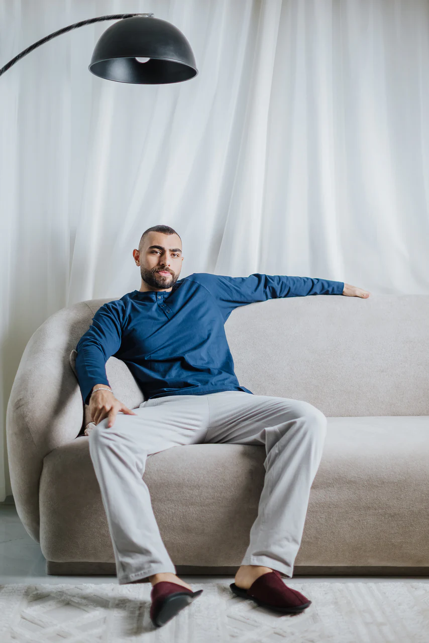 Men Fall Pajama Set Dark Blue Top + Grey Pants - Image 3