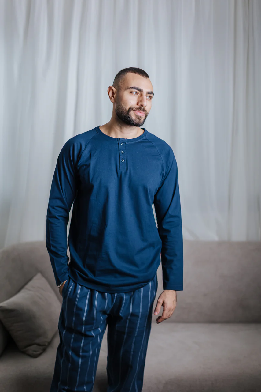 Men Fall Pajama Set Dark Blue Top + Stripes Dark blue x White Pants - Image 2