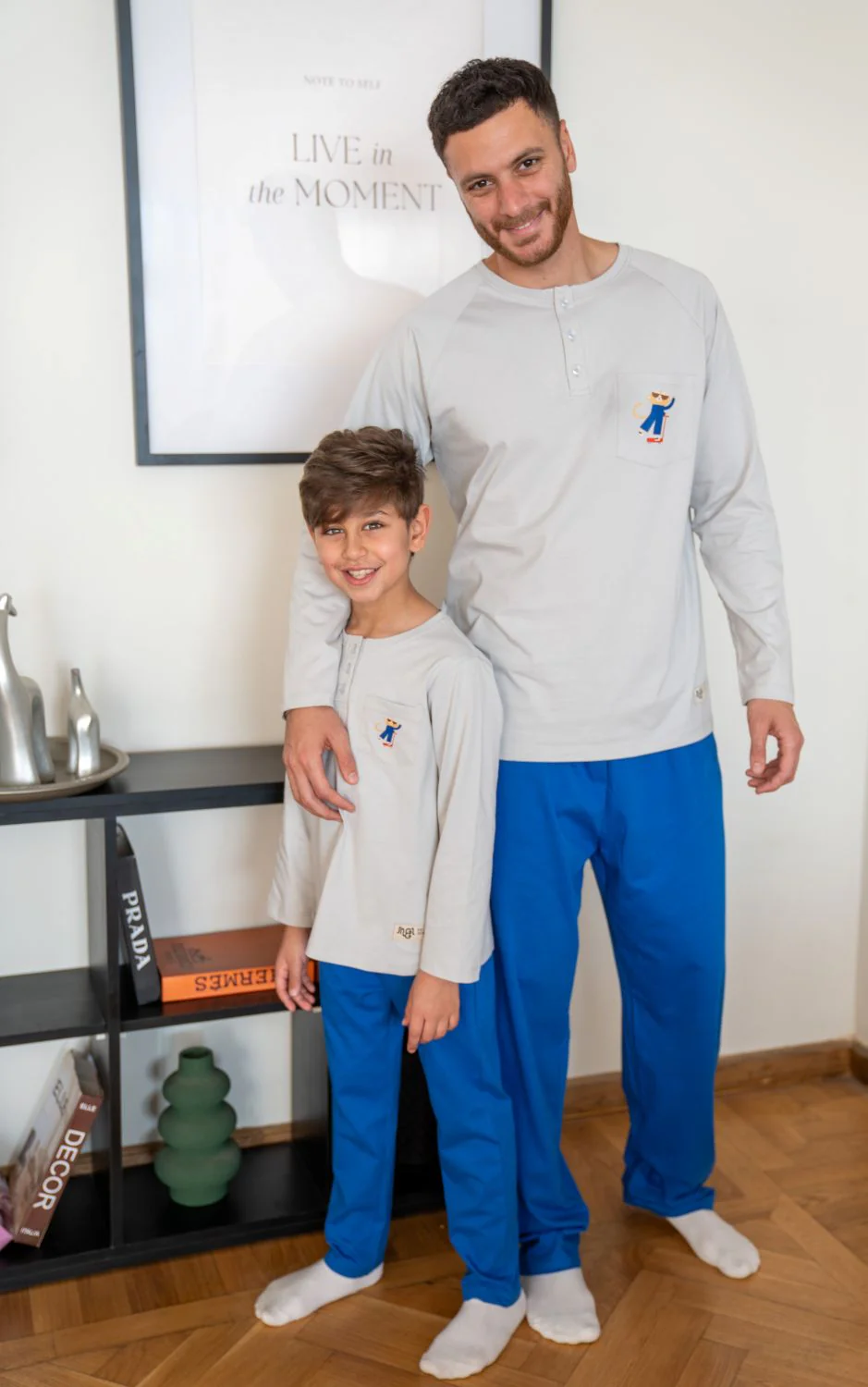 Men Eid Pajama Set Dark Grey Top + Dark Blue Pants - Image 3