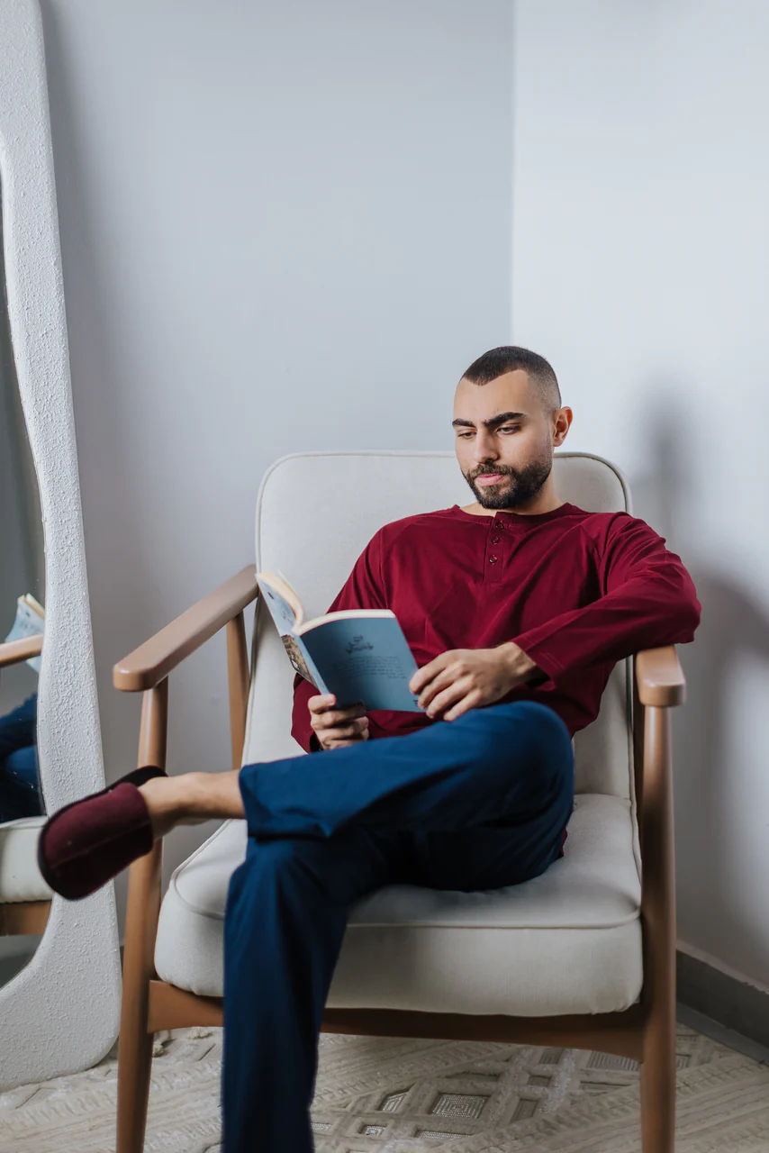 Men Fall Pajama Set Dark Red Top + Dark Blue Pants - Image 3