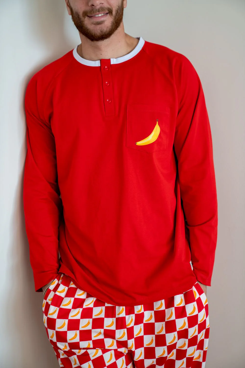 Men Eid Pajama Set Dark Red Top + Banana Checkered Pants - Image 2