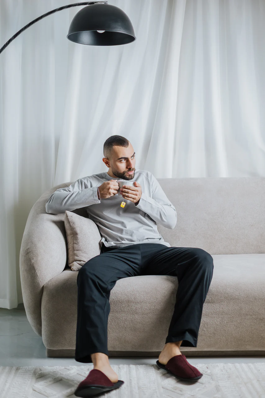 Men Fall Pajama Set Grey Top + Black Pants - Image 2