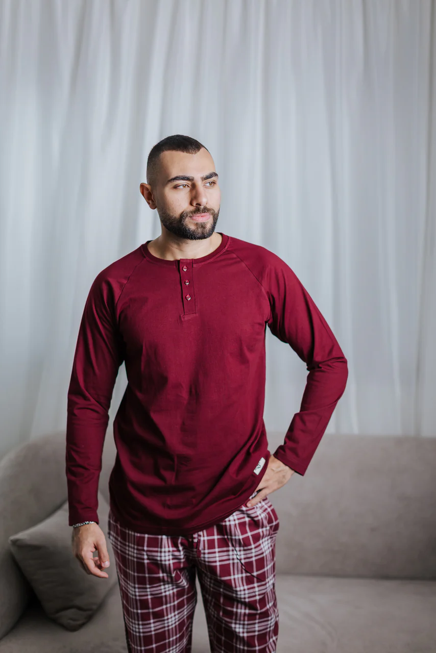 Men Fall Pajama Set Maroon Top + Checkered Maroon x Grey Pants - Image 2