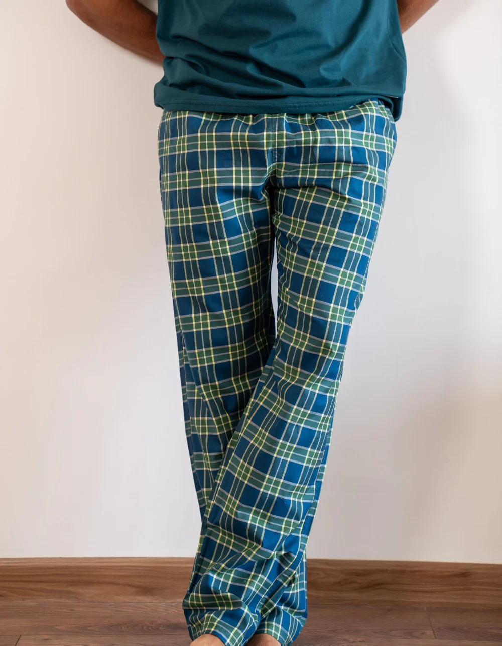 Men Summer Navy blue X Pistache Tartan Pants - Image 2