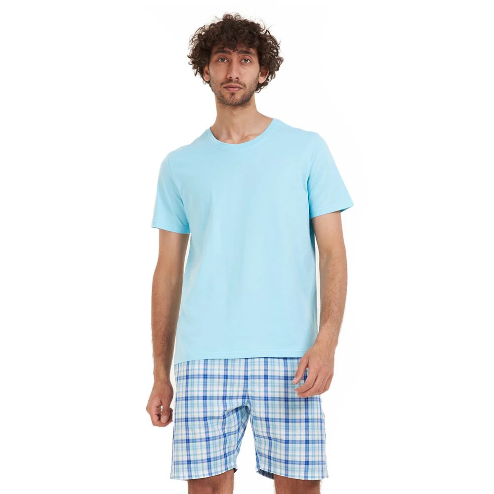 Men summer pajama set Aqua T-shirt + Aqua x Blue checkered short - Image 2