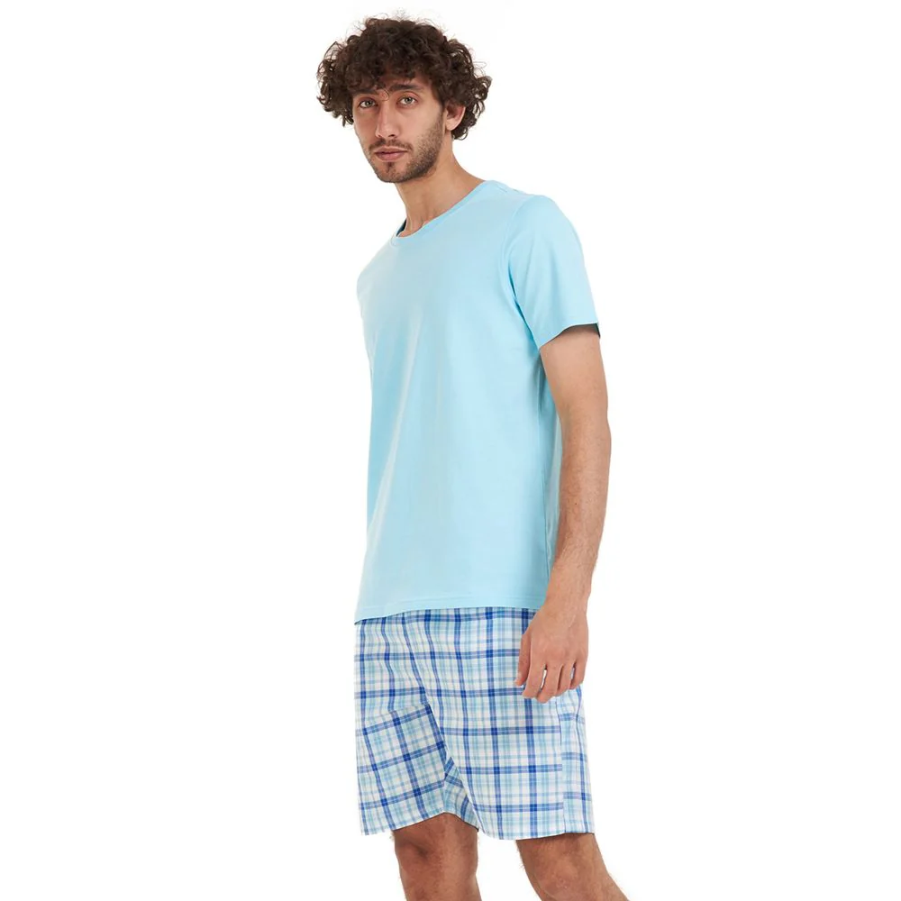 Men summer pajama set Aqua T-shirt + Aqua x Blue checkered short - Image 3