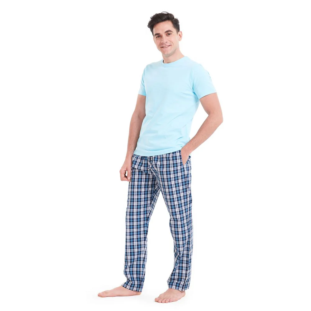 Men summer pajama set Aqua T-shirt + Turquoise x Black checkered pants - Image 2
