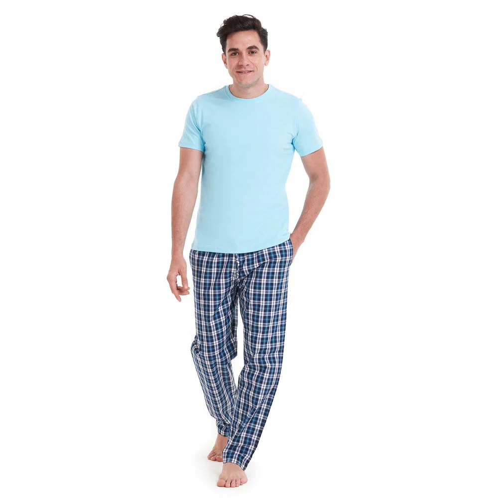 Men summer pajama set Aqua T-shirt + Turquoise x Black checkered pants - Image 3