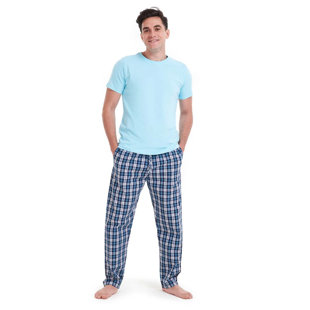Men summer pajama set Aqua T-shirt + Turquoise x Black checkered pants - Image 4