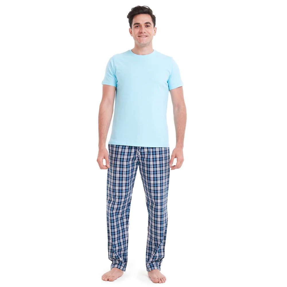 Men summer pajama set Aqua T-shirt + Turquoise x Black checkered pants - Image 5