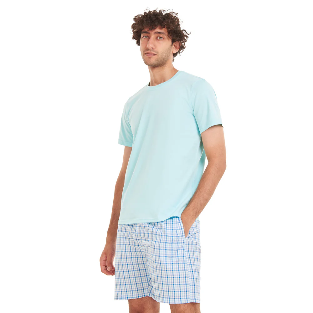 Men summer pajama set Baby Blue T-shirt +Aqua x Blue Checkered shorts