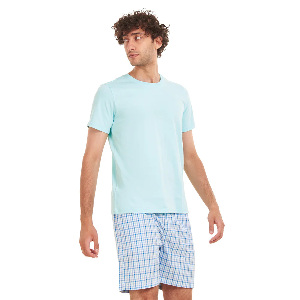 Men summer pajama set Baby Blue T-shirt +Aqua x Blue Checkered shorts - Image 2